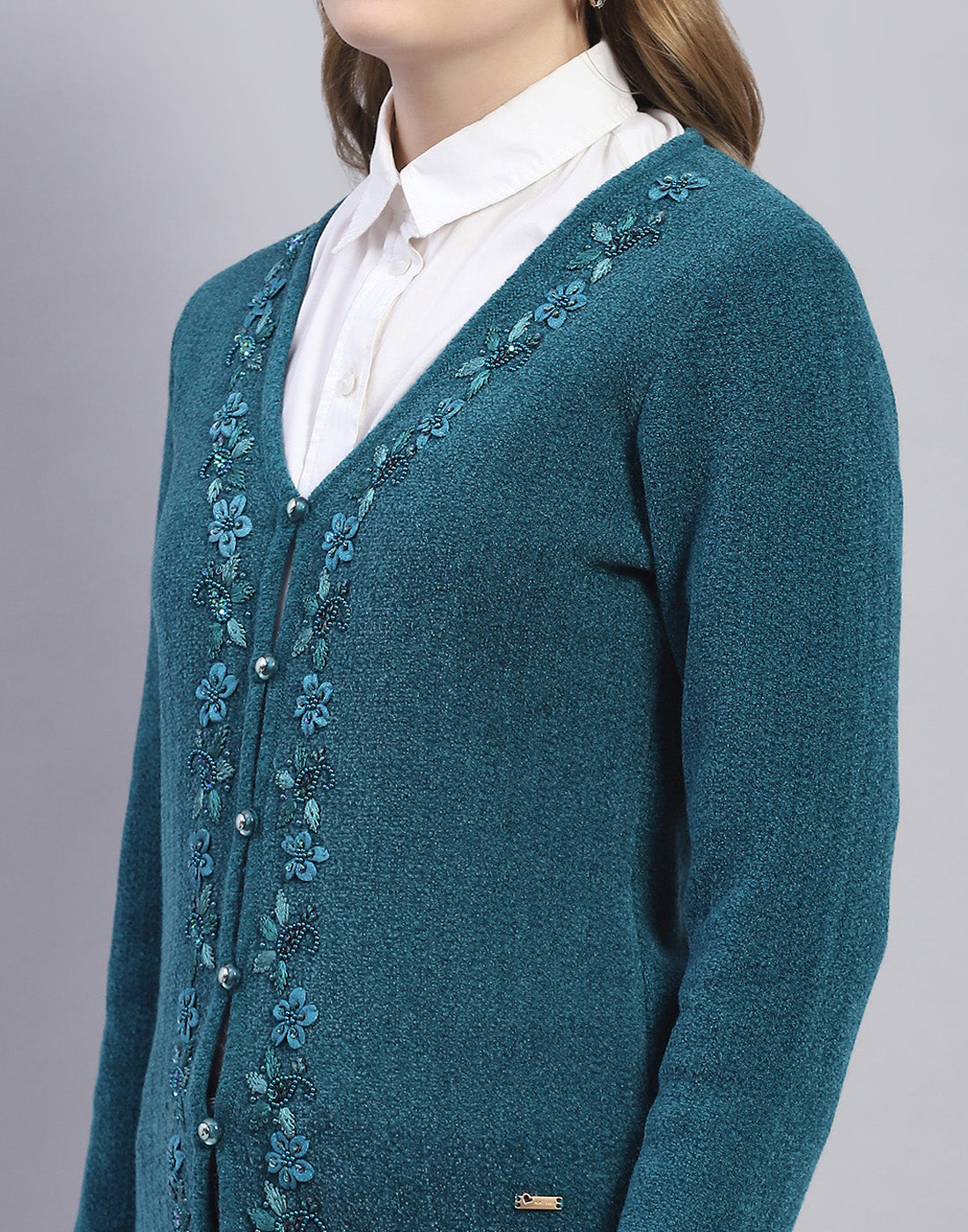 Women Teal Blue Embellished V Neck Full Sleeve Cardigan