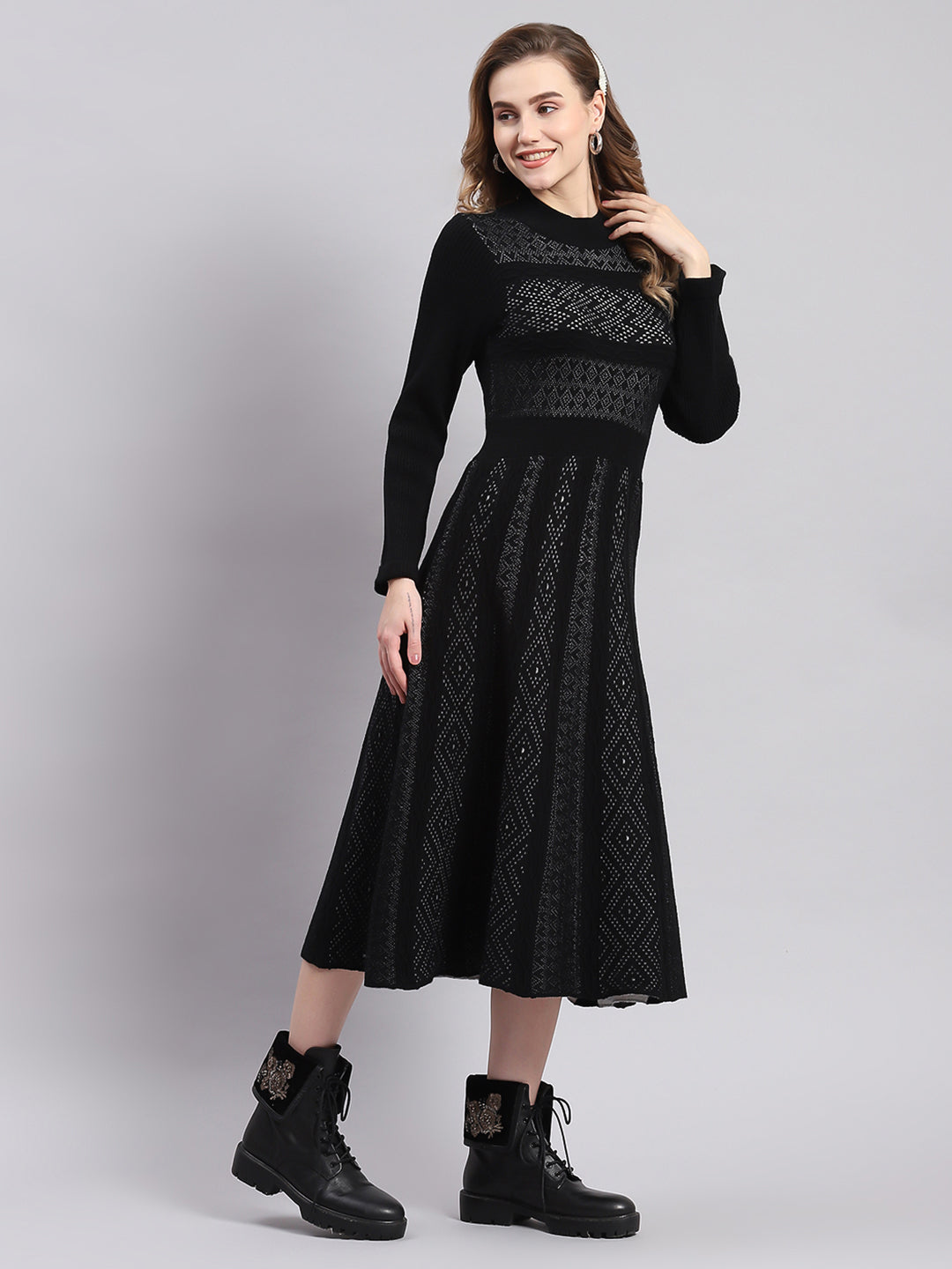 Women Black Self Design T Neck Full Sleeve Dresses