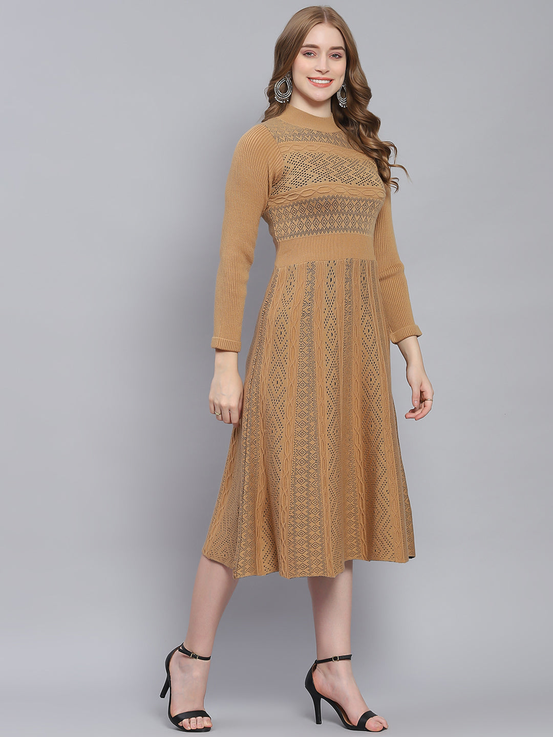 Women Brown Self Design T Neck 3/4 Sleeve Dresses