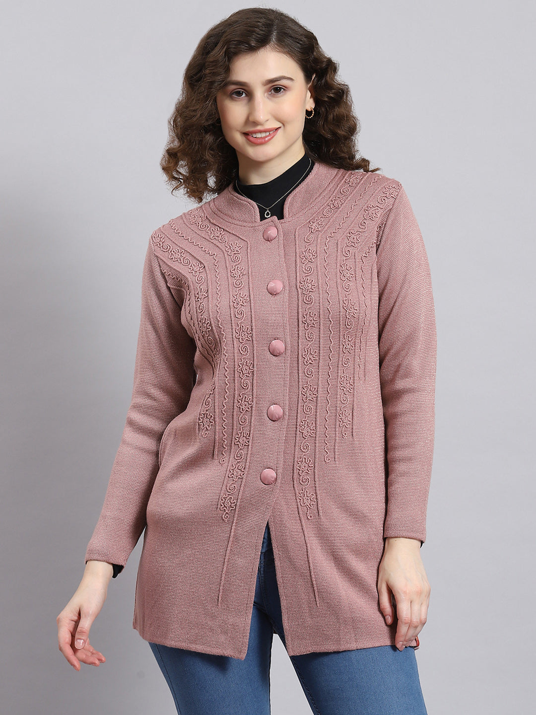Women Pink Self Design Mandarin Collar Full Sleeve Coat