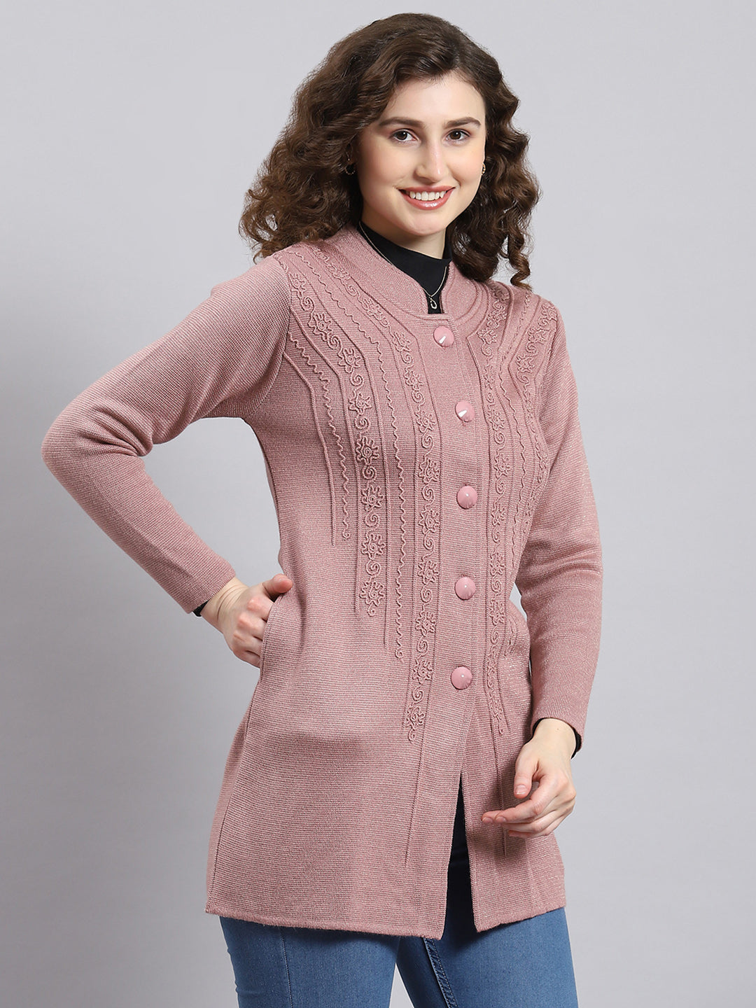 Women Pink Self Design Mandarin Collar Full Sleeve Coat