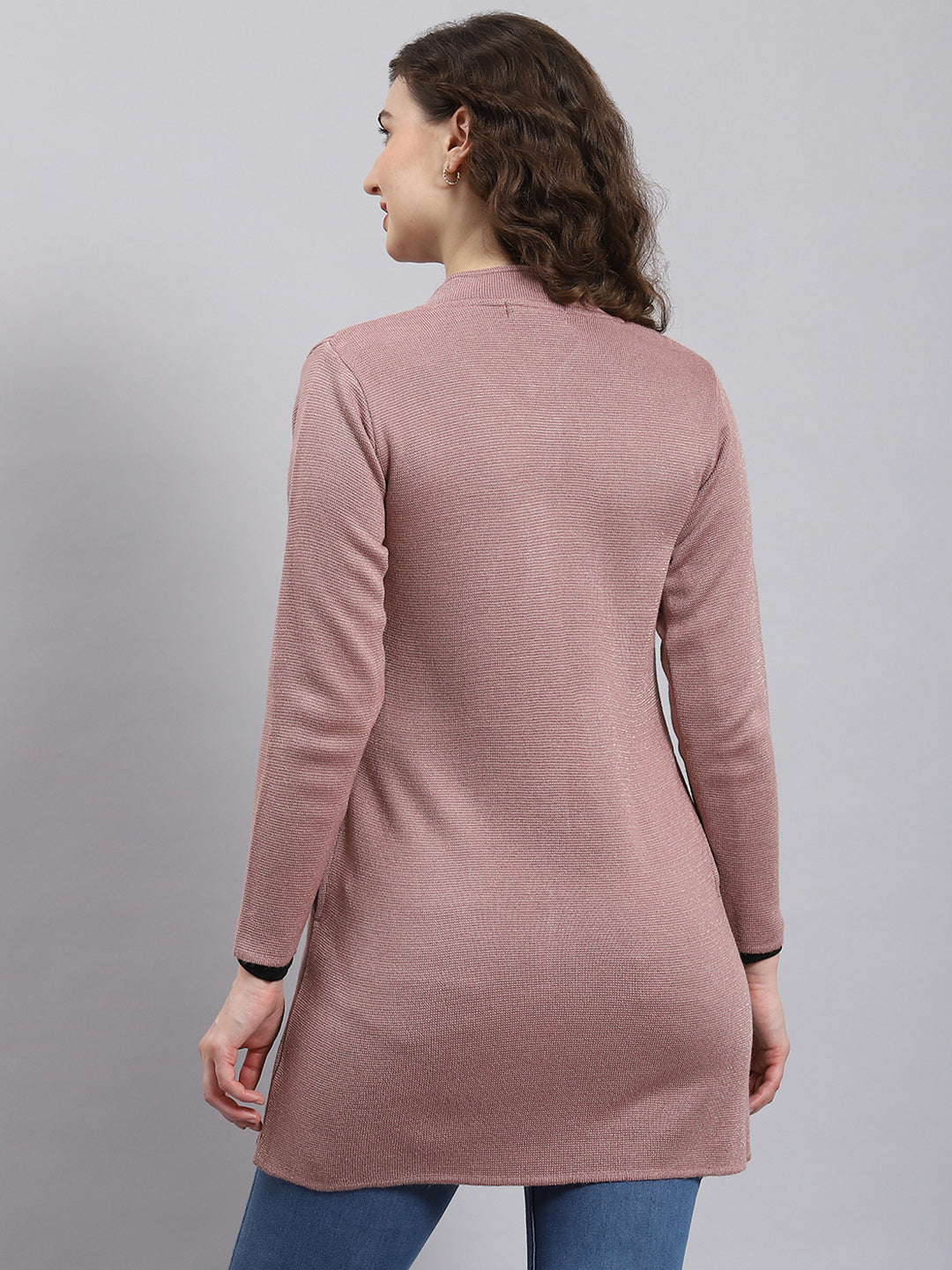 Women Pink Self Design Mandarin Collar Full Sleeve Coat
