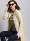 Women Beige Self Design Mandarin Collar Full Sleeve Coat
