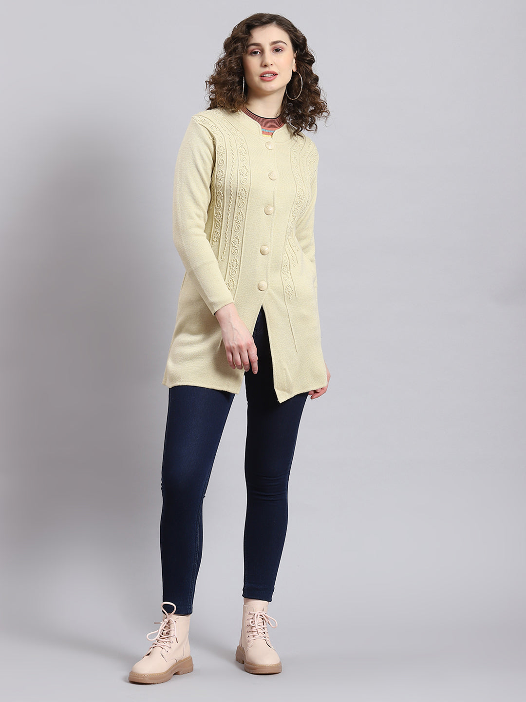 Women Beige Self Design Mandarin Collar Full Sleeve Coat