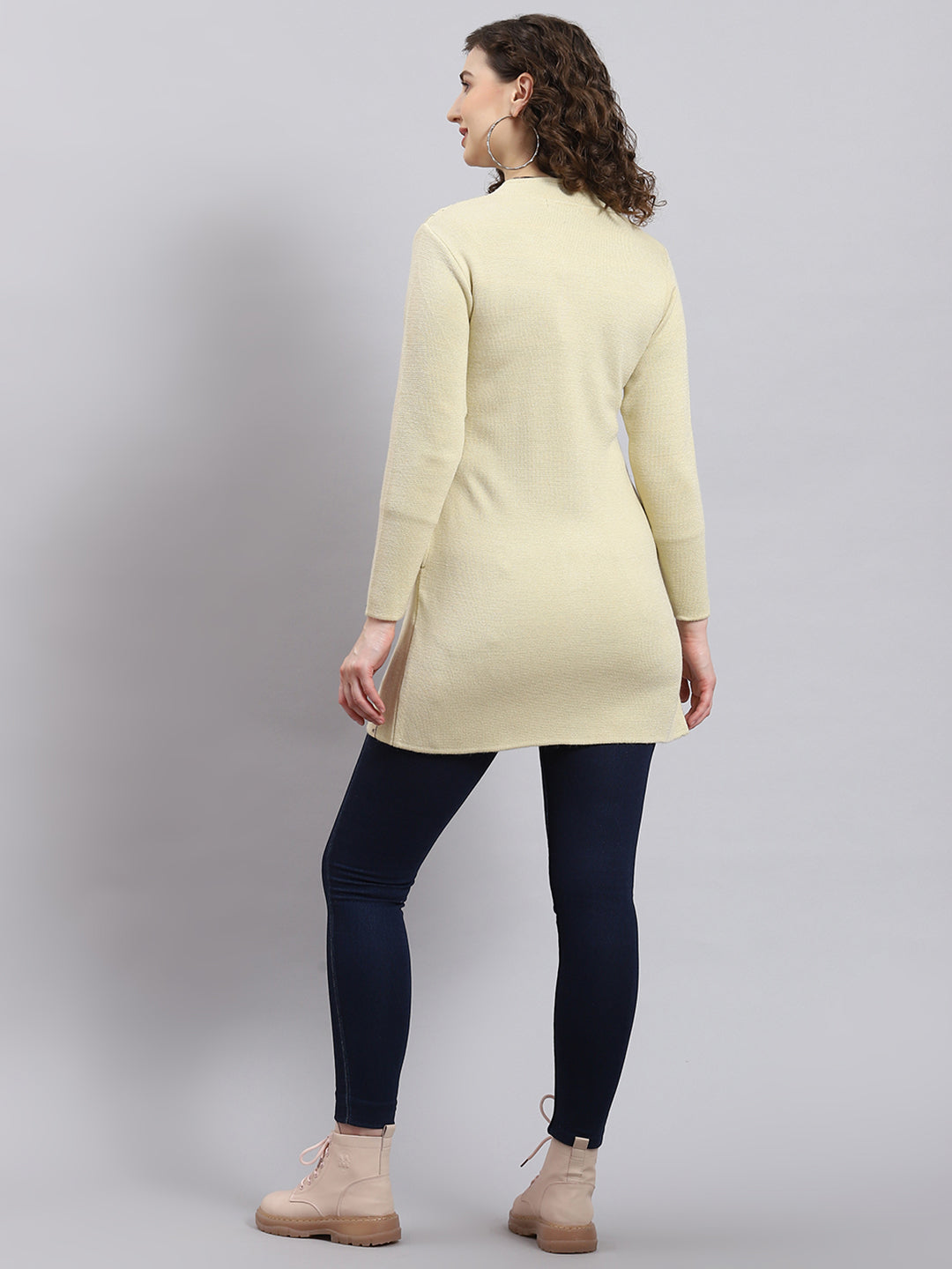 Women Beige Self Design Mandarin Collar Full Sleeve Coat