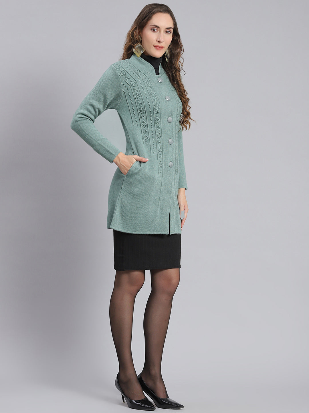 Women Green Self Design Mandarin Collar Full Sleeve Coats