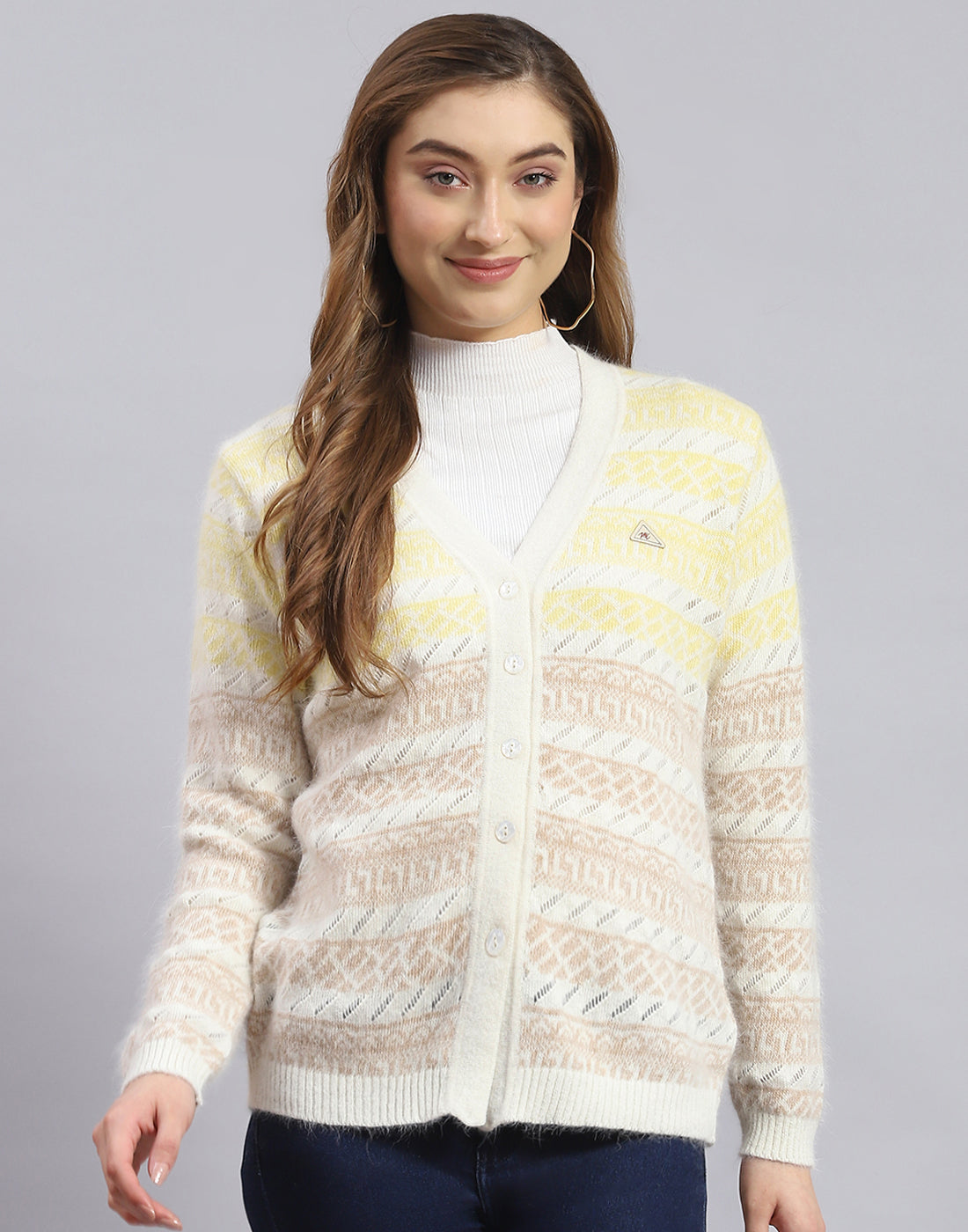 Women Off White Self Design V Neck Full Sleeve Sweater