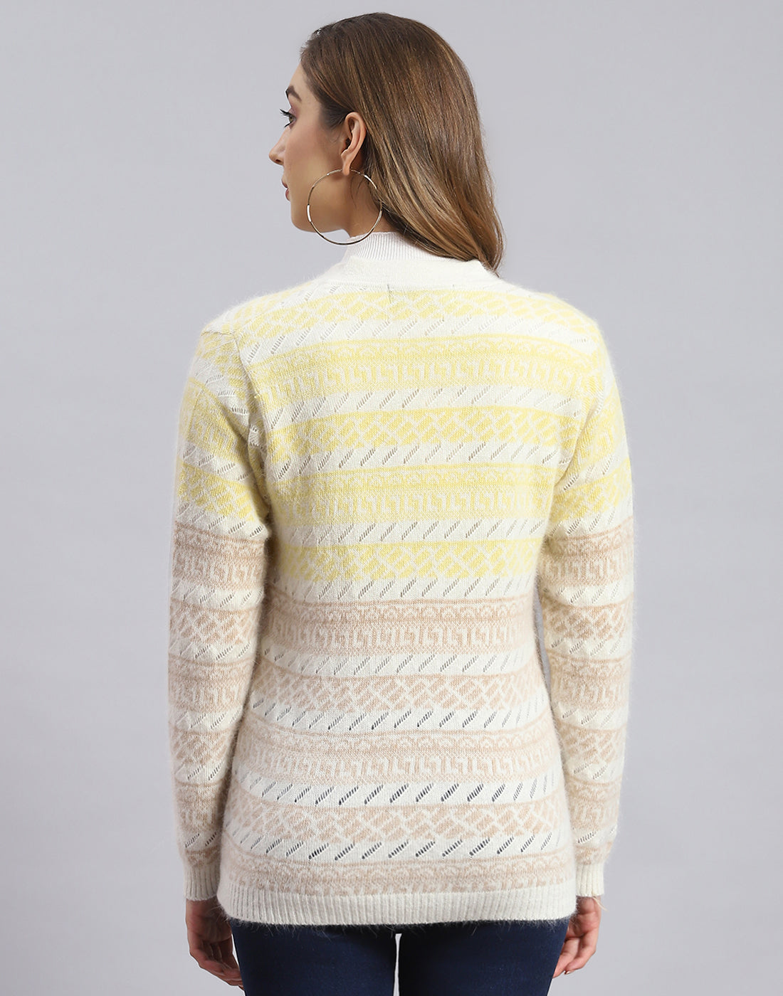 Women Off White Self Design V Neck Full Sleeve Sweater