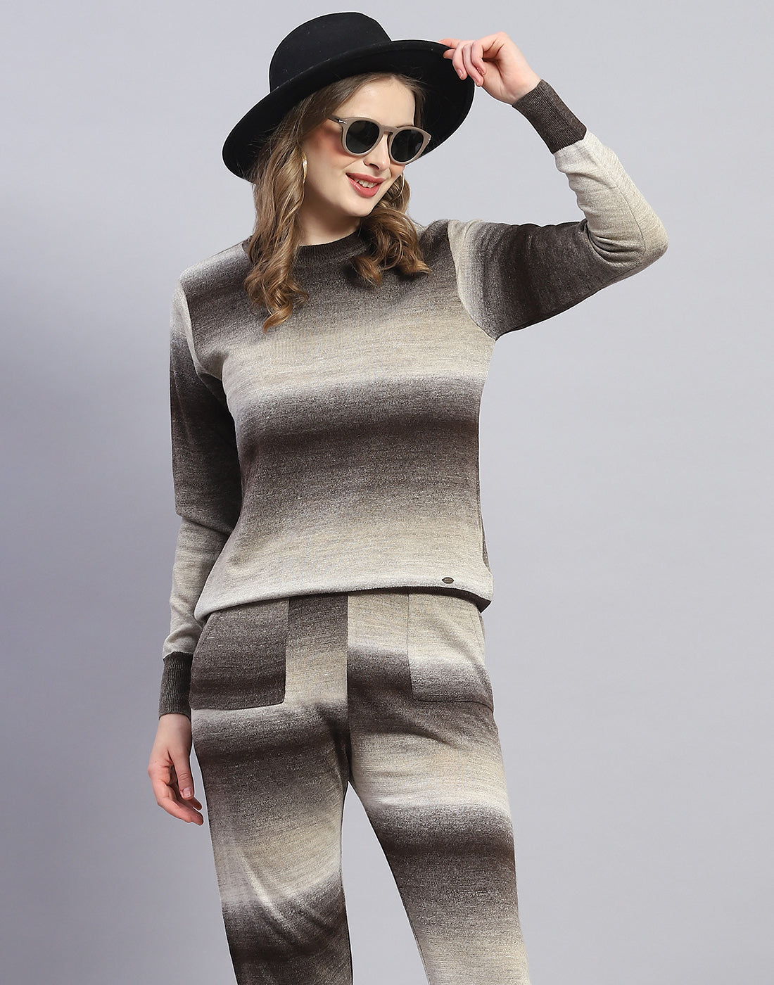 Women Brown Solid Round Neck Full Sleeve Cords Set