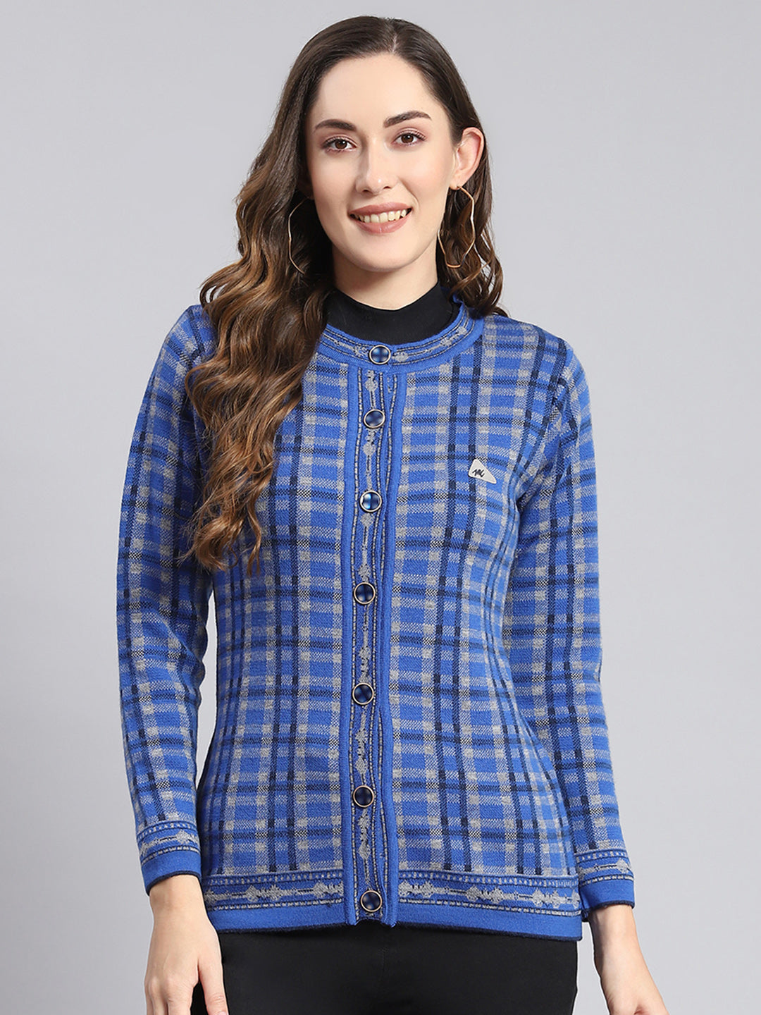 Women Blue Check Round Neck Full Sleeve Cardigans