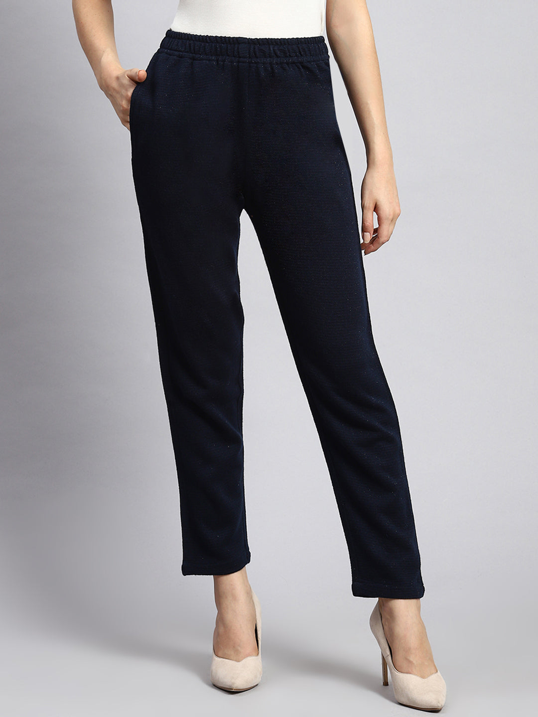 Women Navy Blue Self Winter Lower