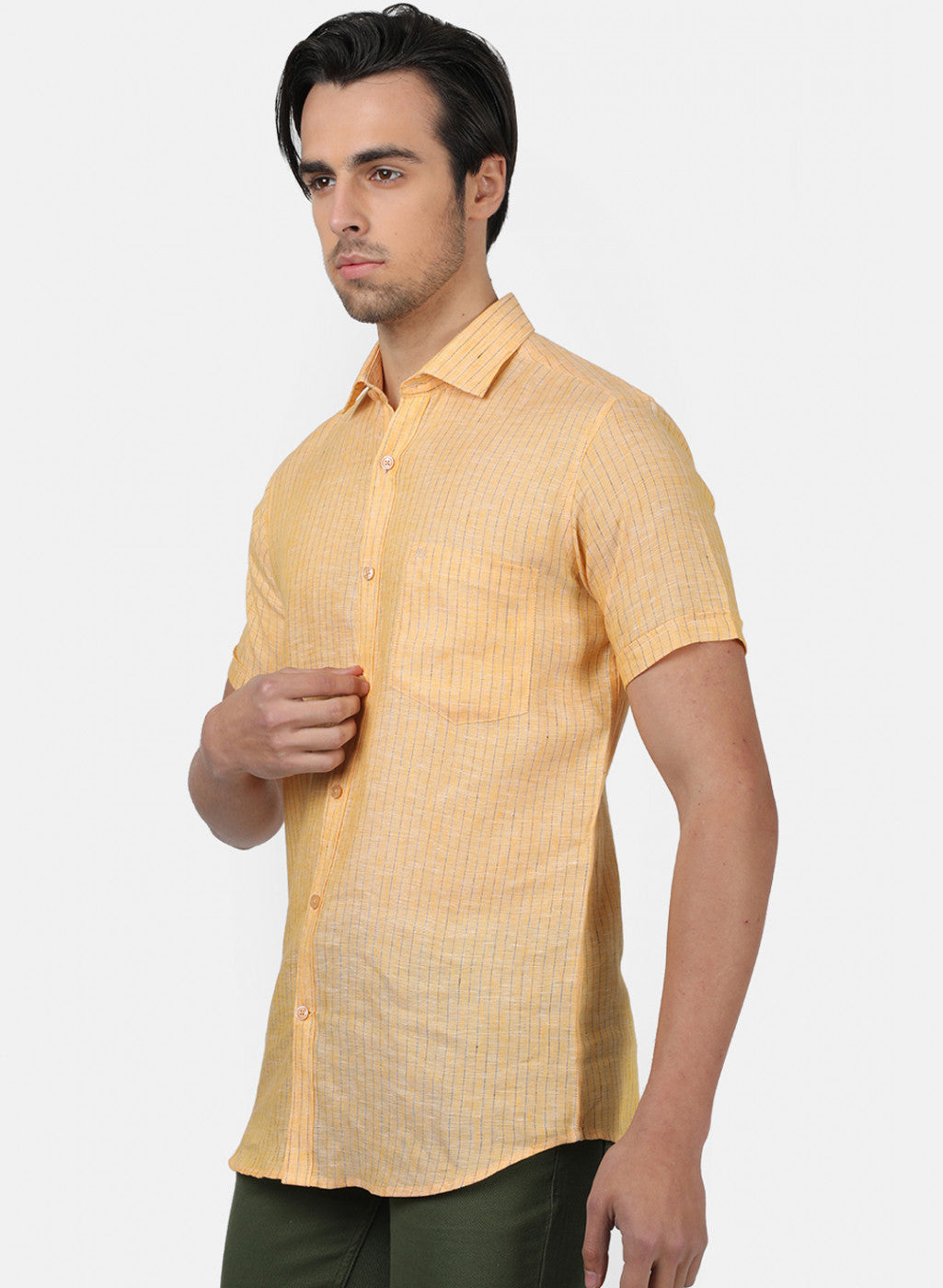 Men Yellow Stripe Linen Shirt