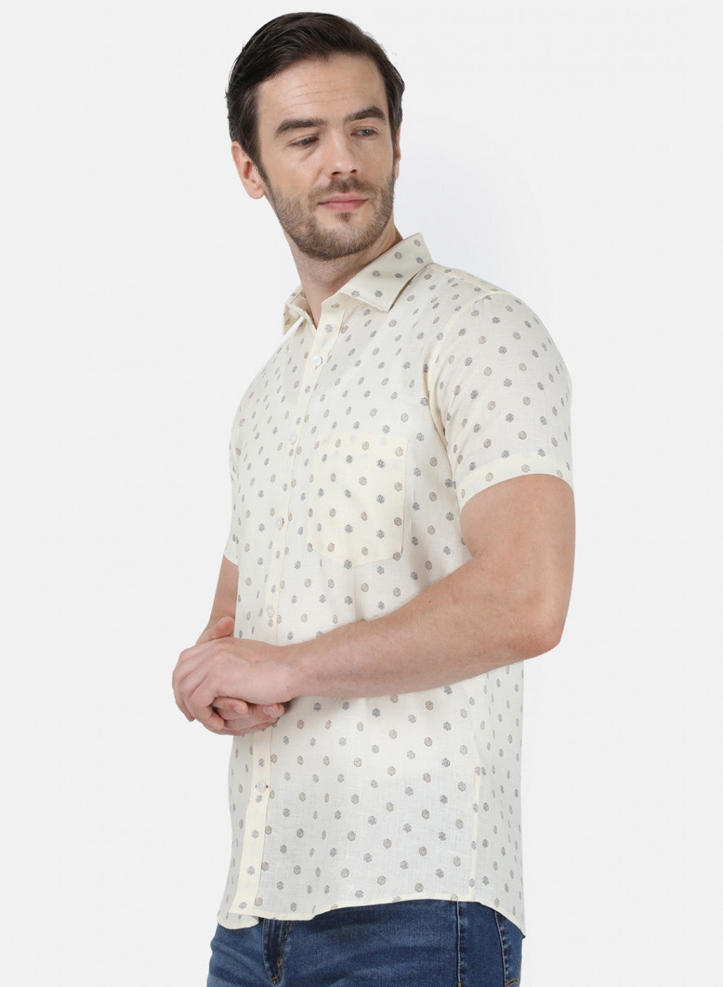 Mens Off White Printed Linen Shirt