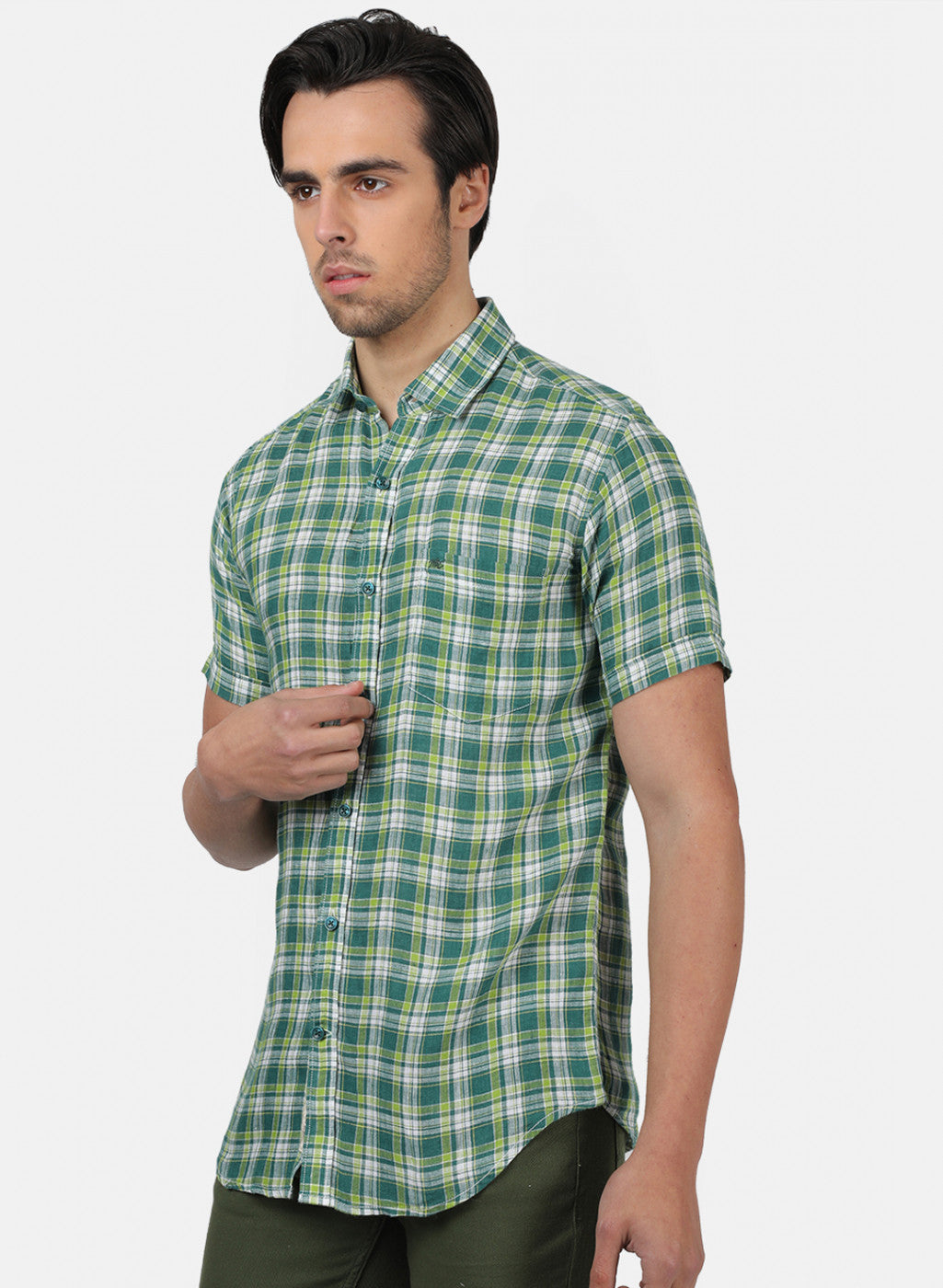 Men Green Check Linen Shirt