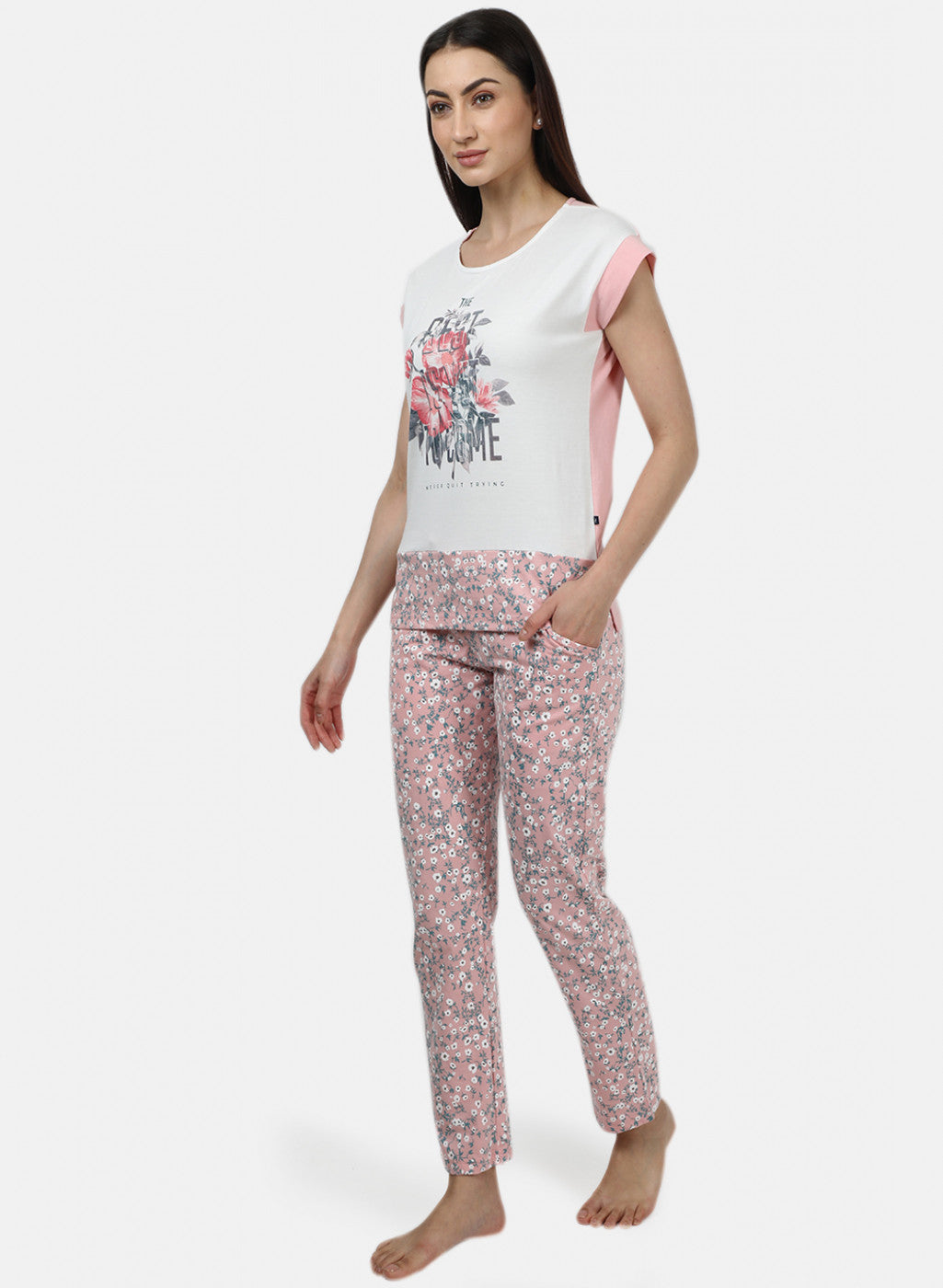 Womens Off White & Pink Printed Lower Sets