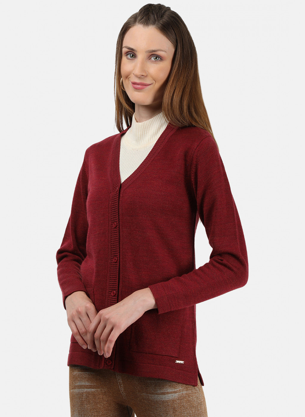 Women Maroon Solid Cardigan
