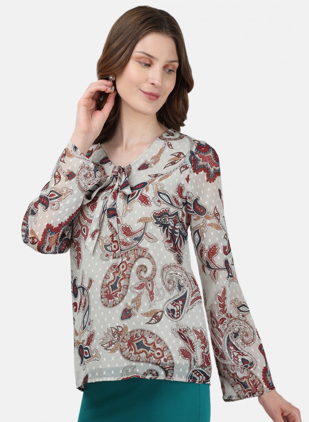 Womens Cream & Maroon Printed Top