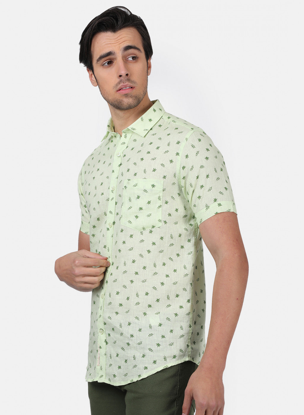 Men Green Printed Linen Shirt