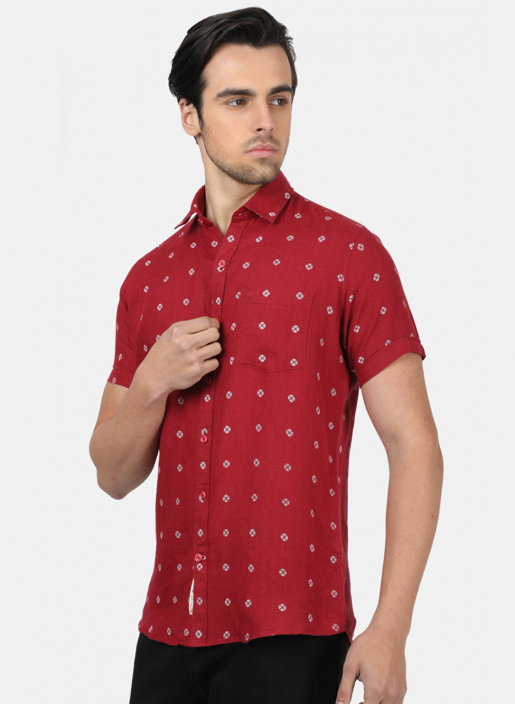 Men Maroon Printed Linen Shirt