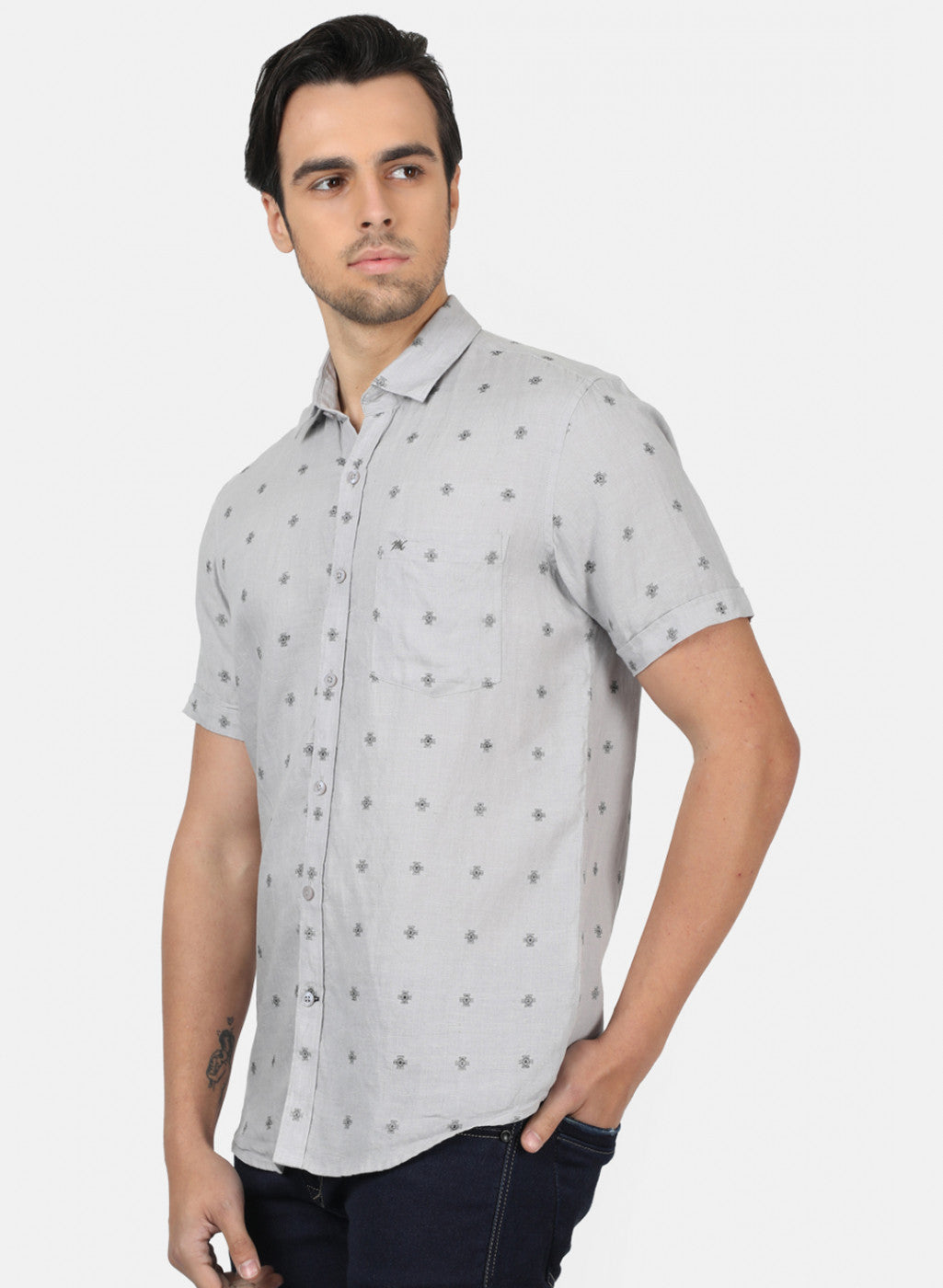 Men Grey Printed Linen Shirt
