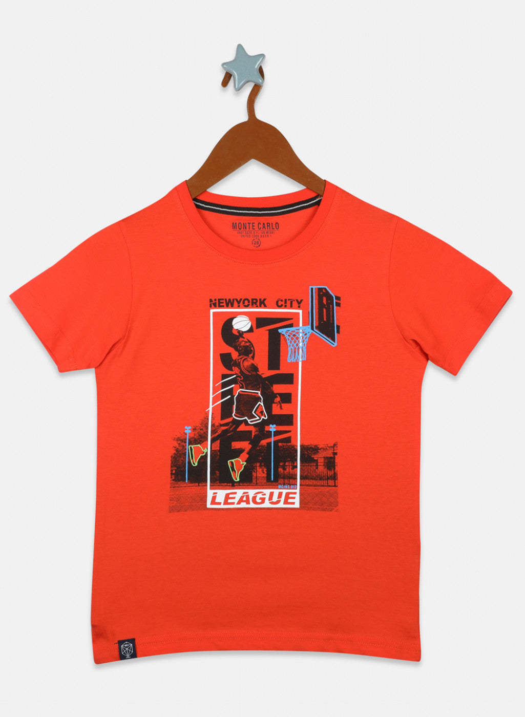 Boys Orange & Navy Blue Printed T-Shirt