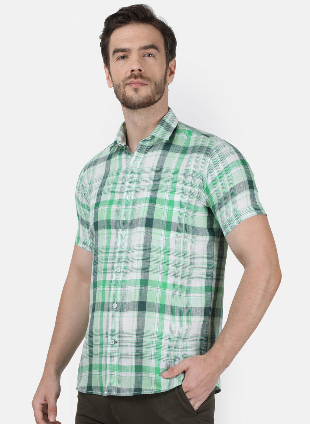 Mens Green Check Linen Shirt
