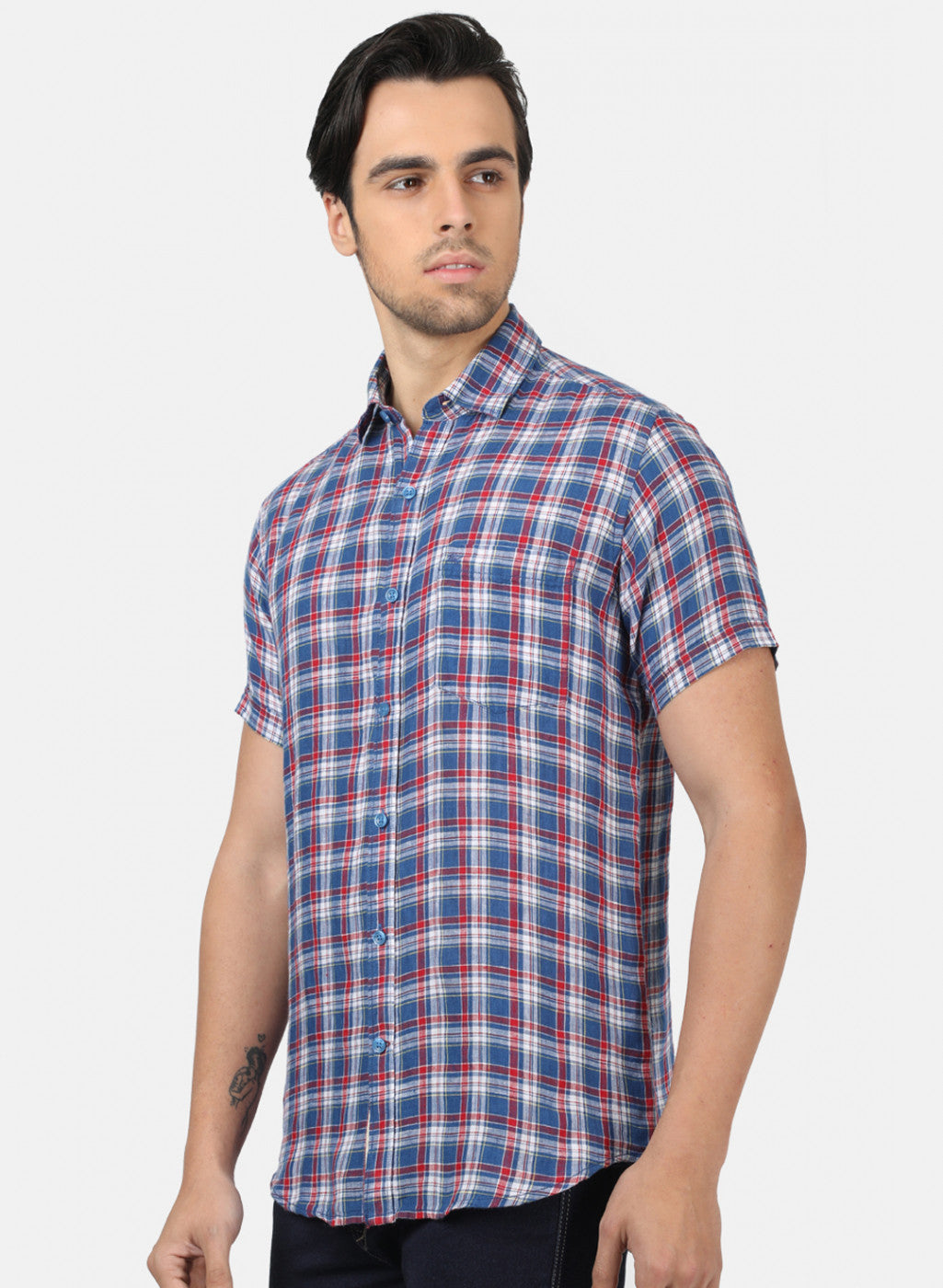 Men Blue Check Linen Shirt