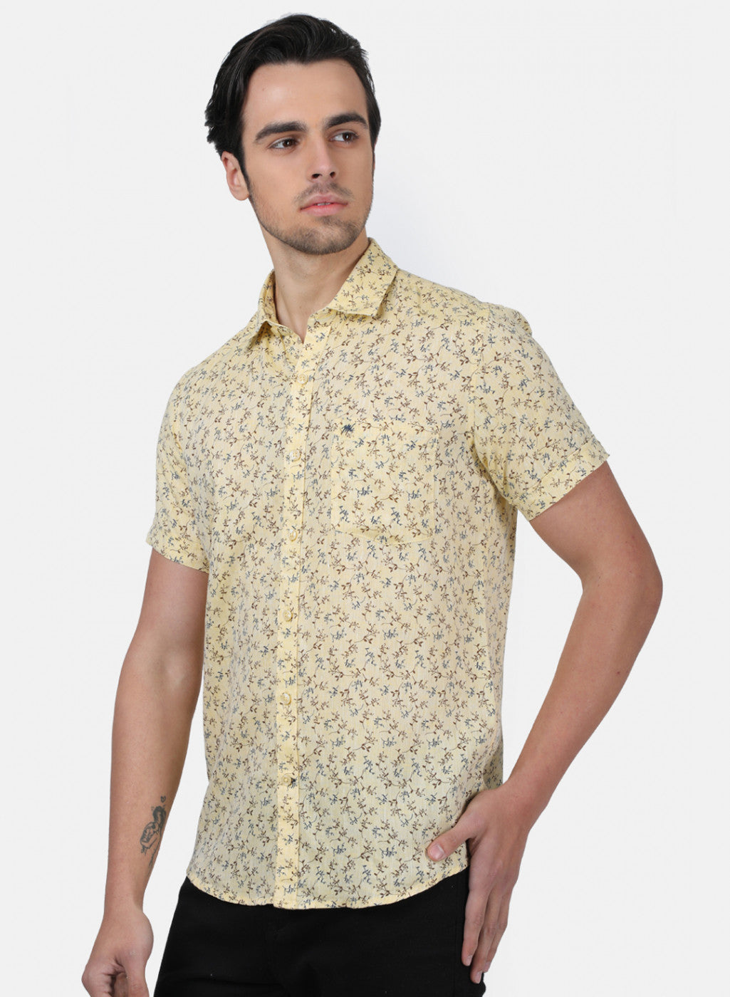 Men Mustard Printed Linen Shirt