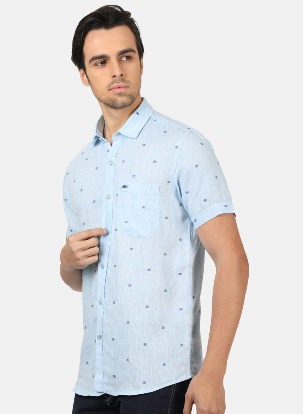 Men Blue Printed Linen Shirt
