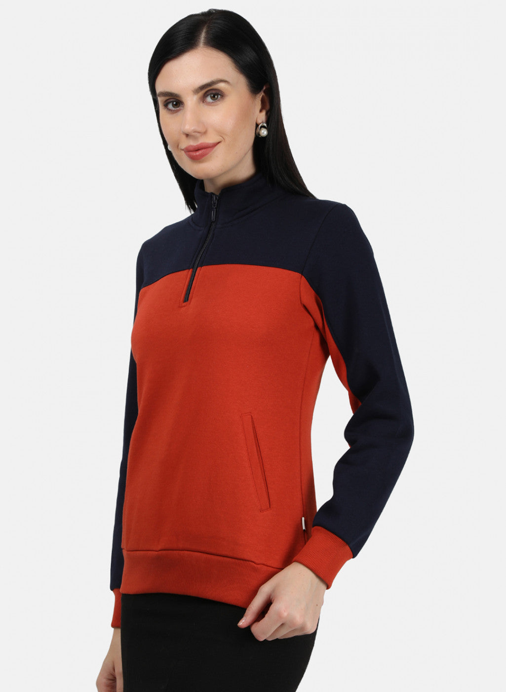 Women Orange & Navy Plain Sweatshirt