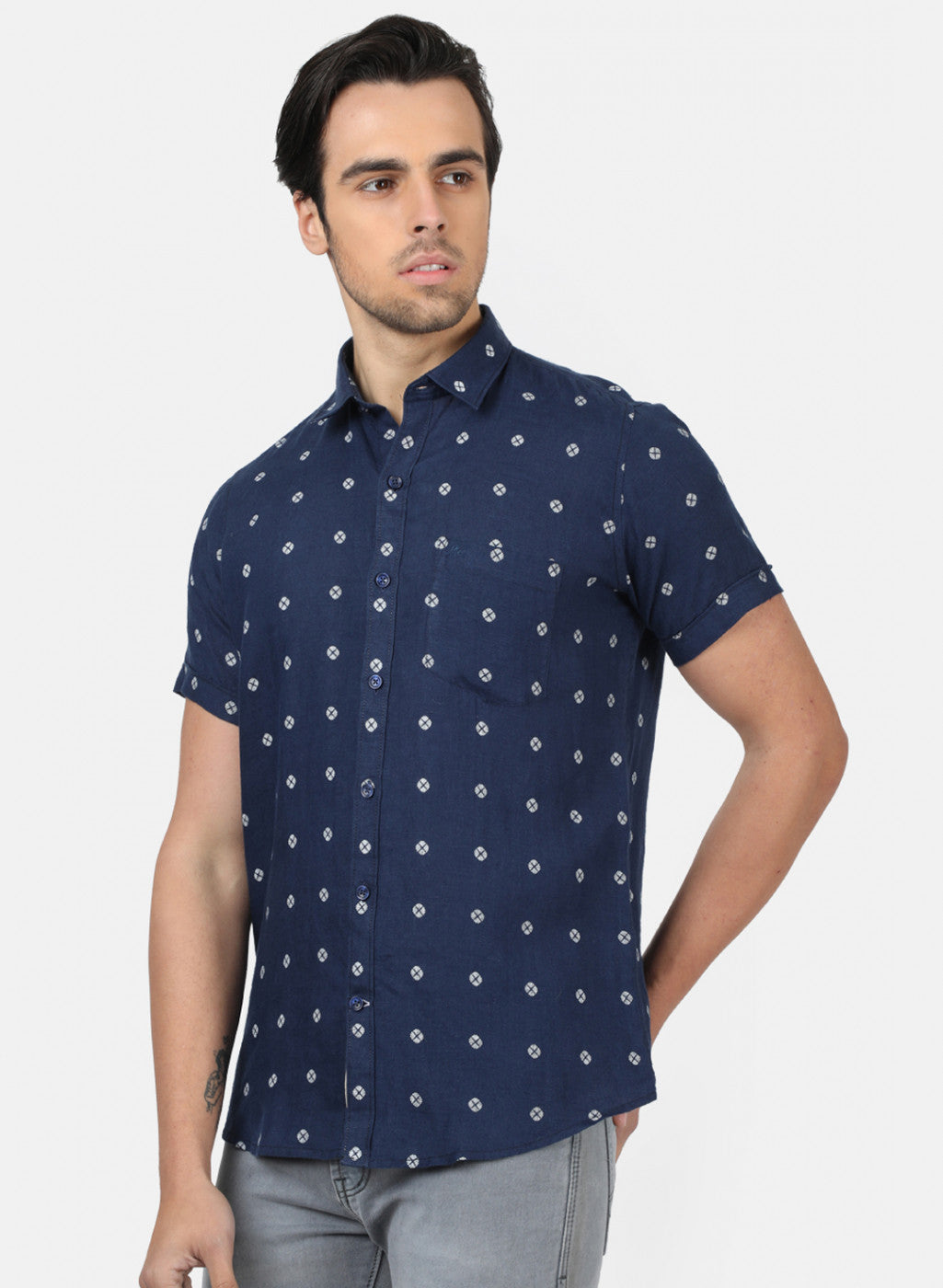 Men NAvy Blue Printed Linen Shirt