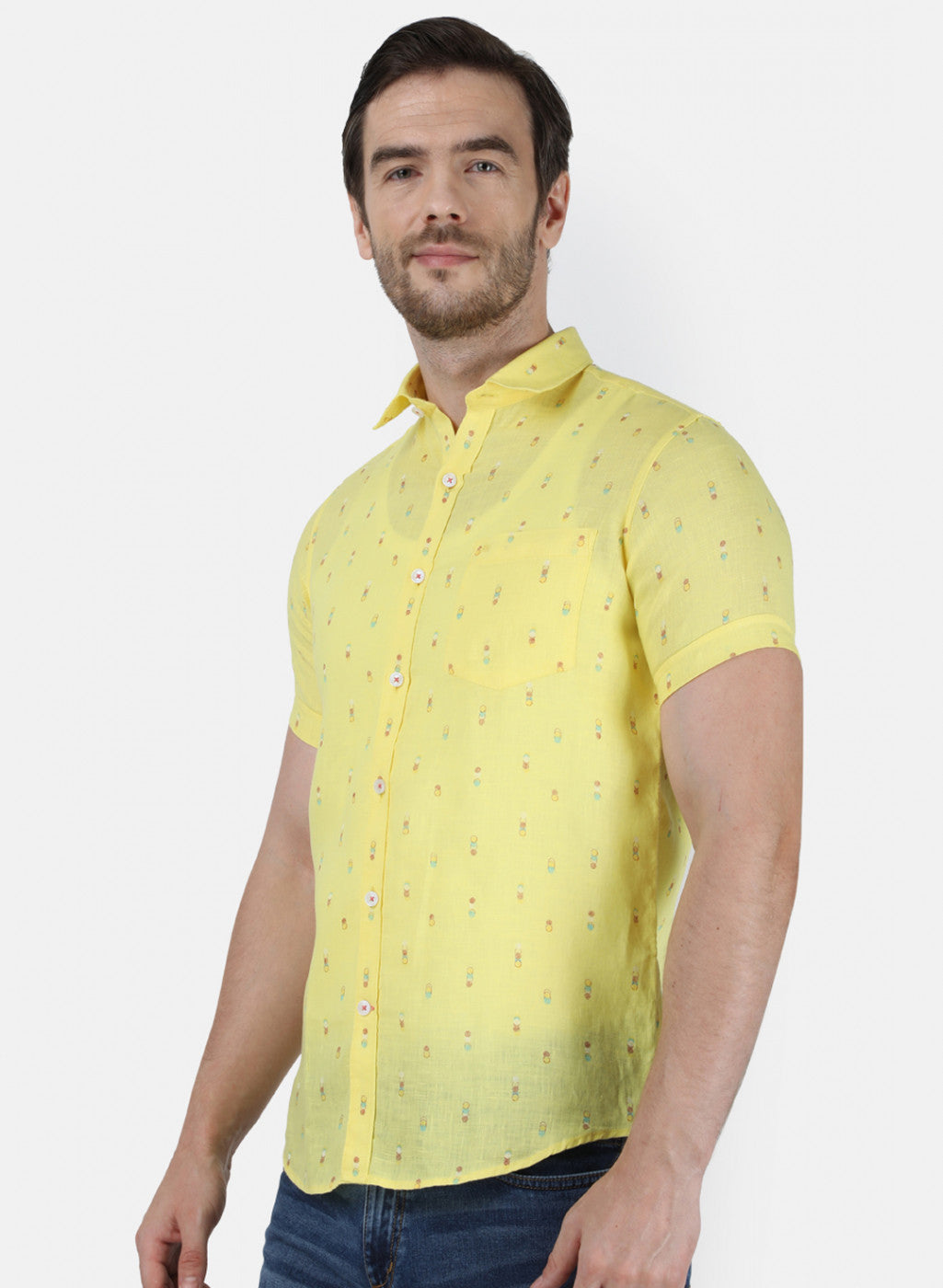 Mens Yellow Printed Linen Shirt