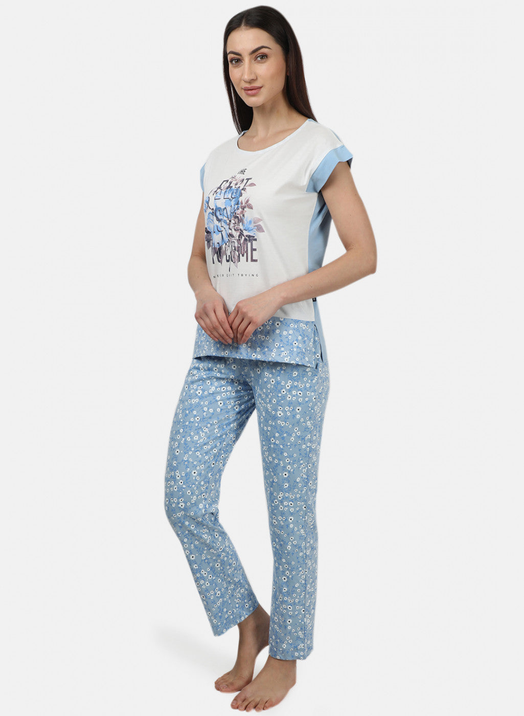 Womens Off White & Blue Printed Lower Sets