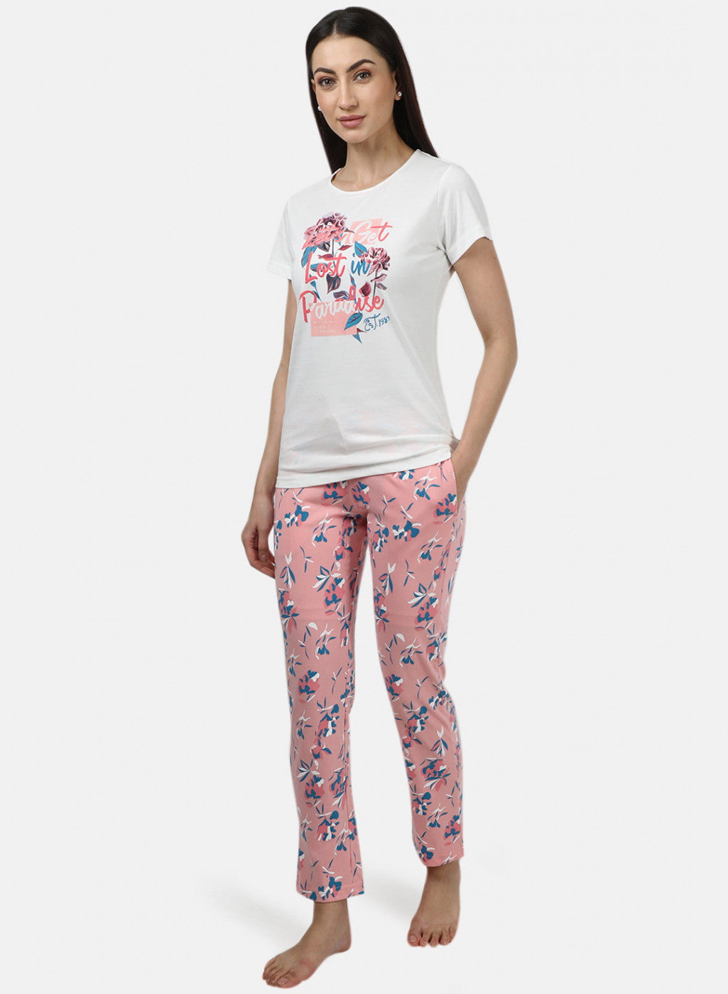 Womens Off White & Pink Printed Lower Sets