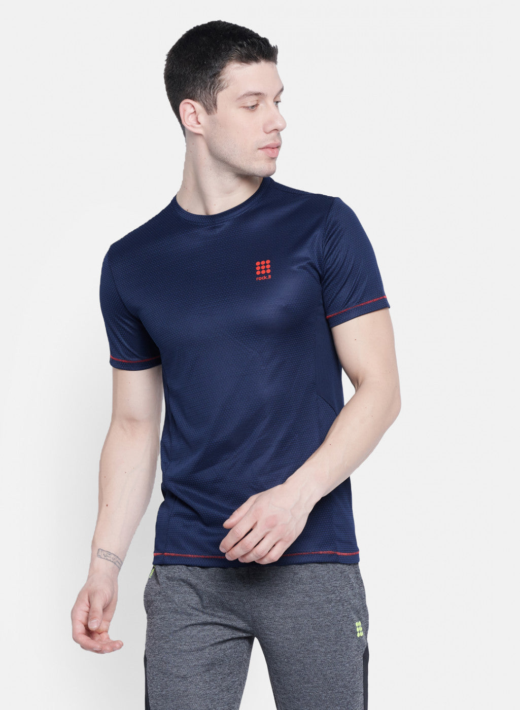 Rock.it Men Navy Blue Self Design T-Shirt