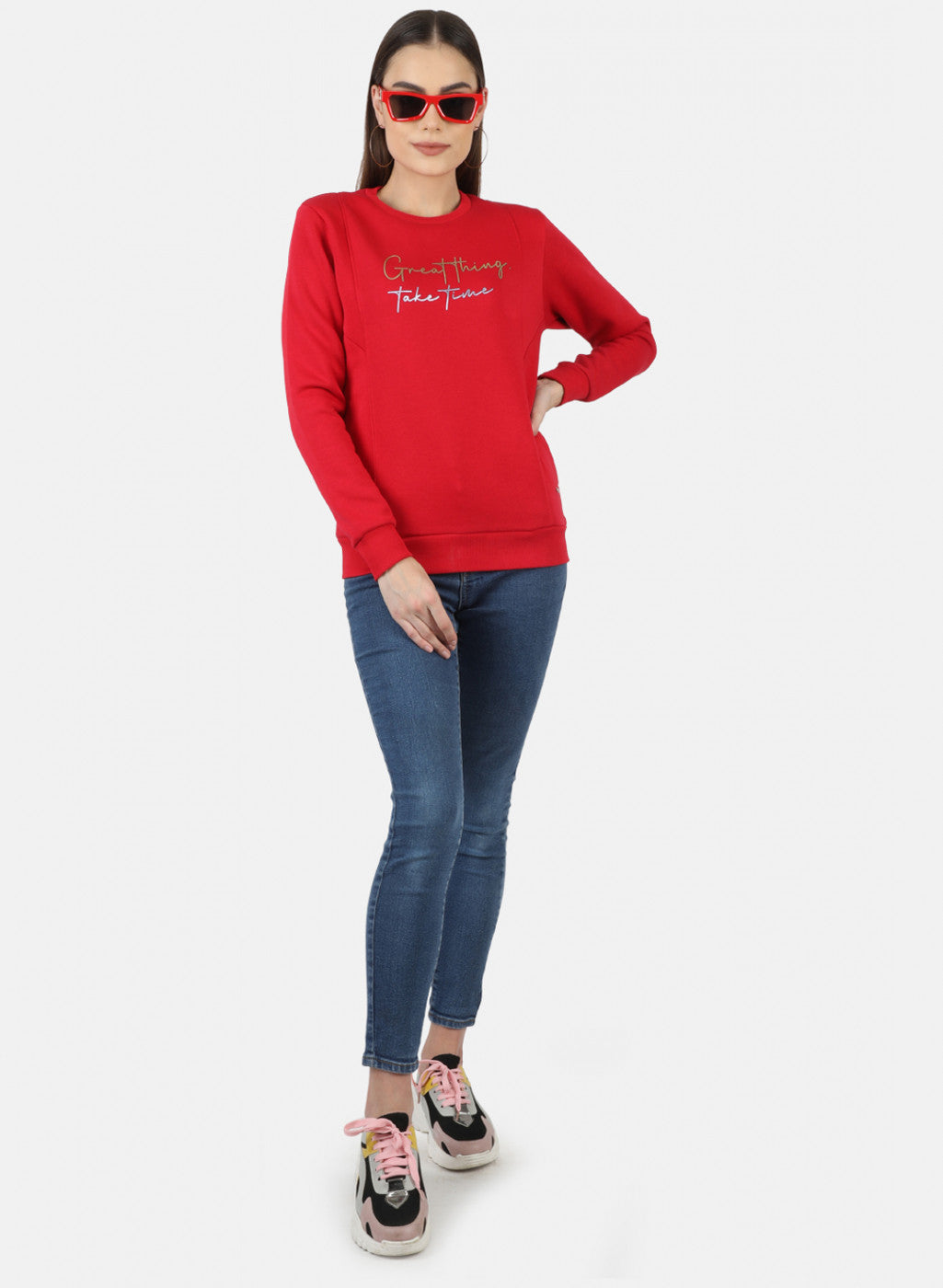 Women Red Printed Sweatshirt