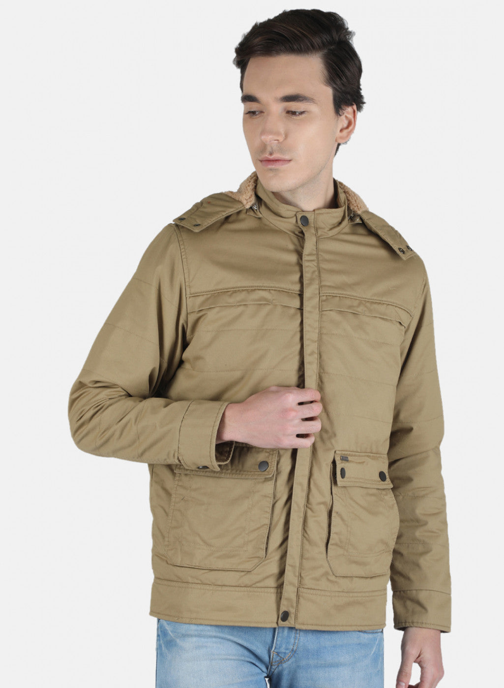 Men Khaki Solid Jacket