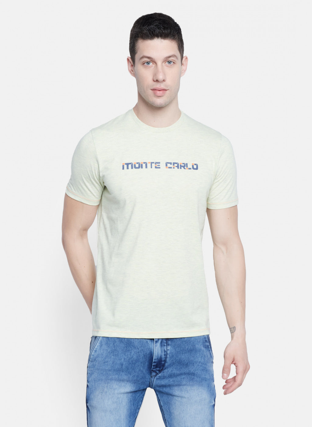 Mens Light Yellow Printed T-Shirt