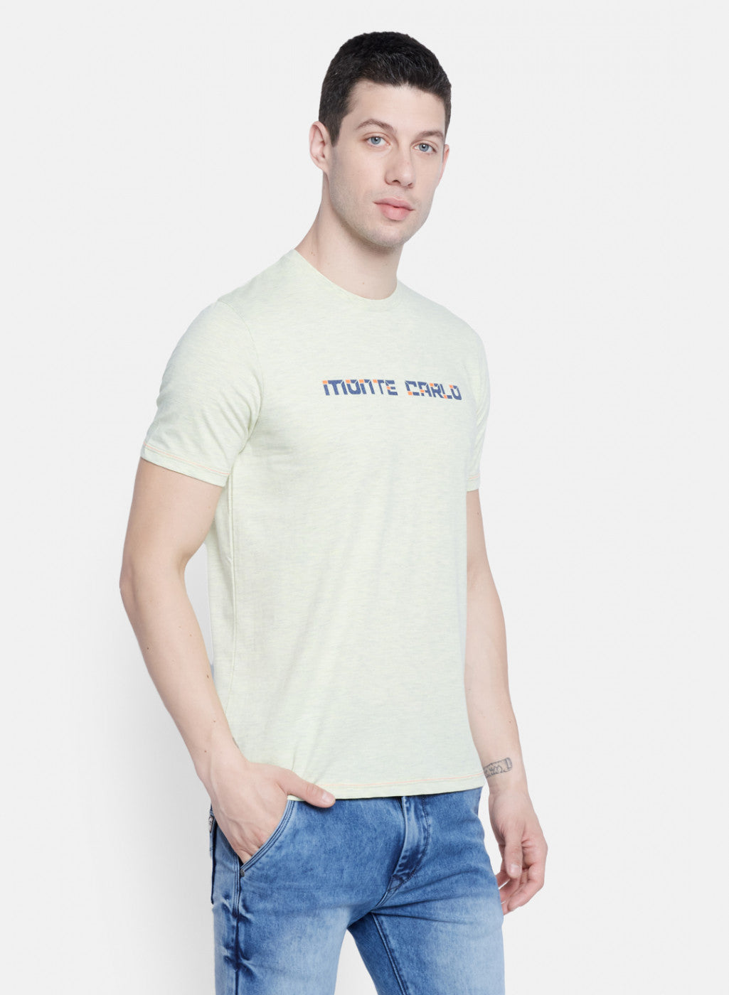 Mens Light Yellow Printed T-Shirt