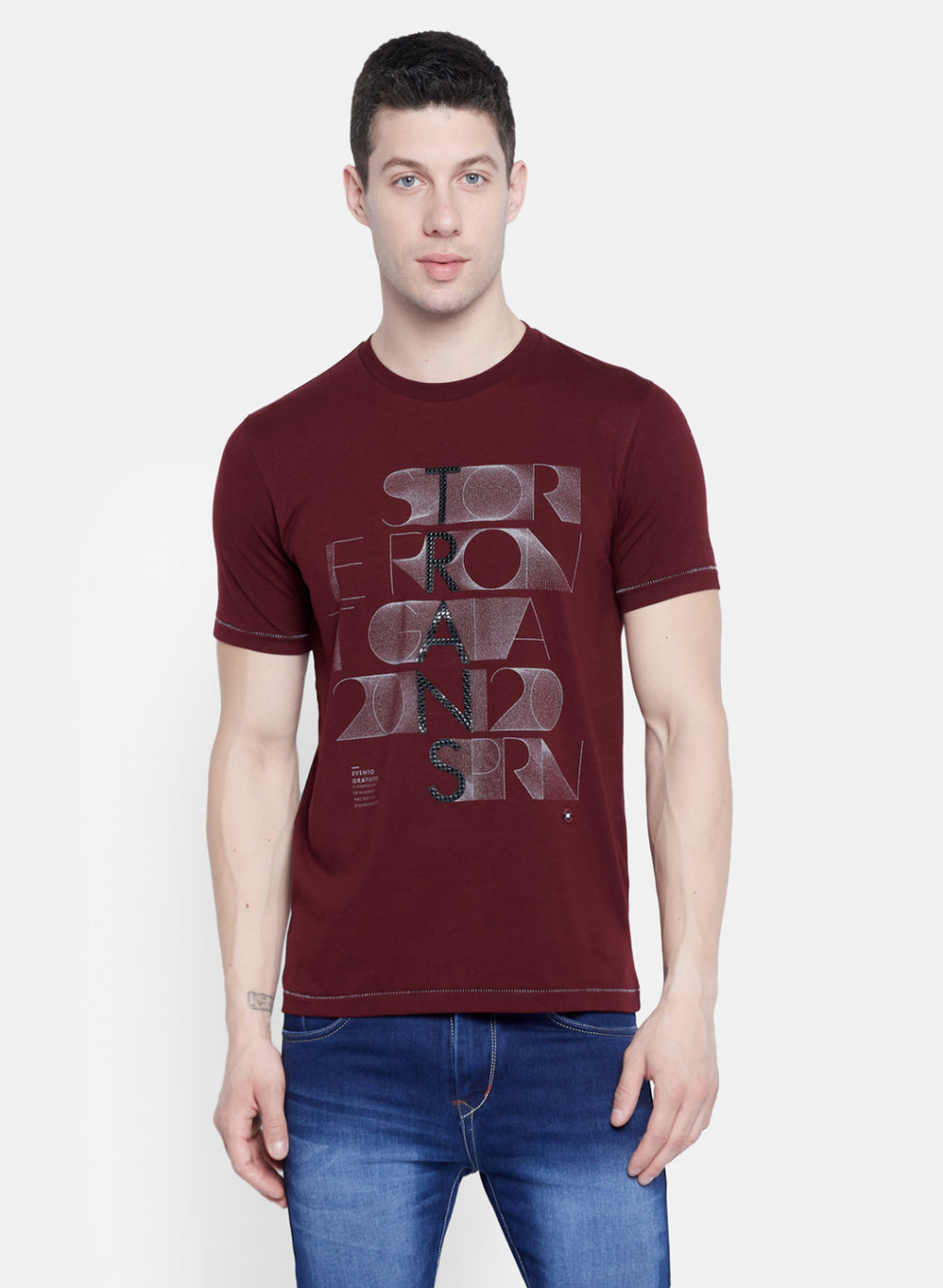 Mens Maroon Printed T-Shirt