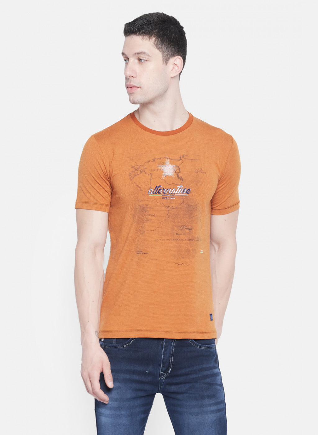 Mens Orange Printed T-Shirt