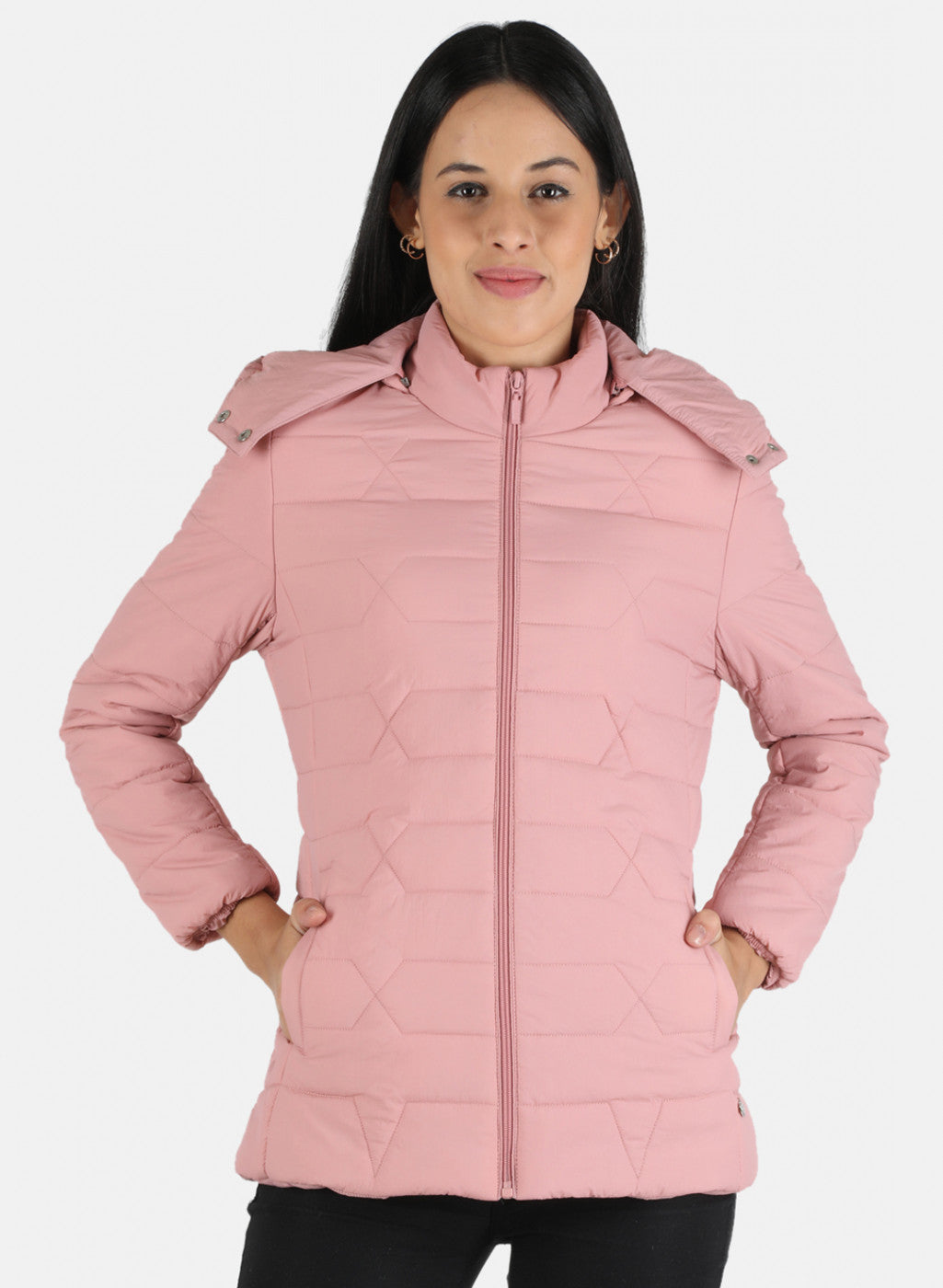 Women Pink Solid Hooded Jacket