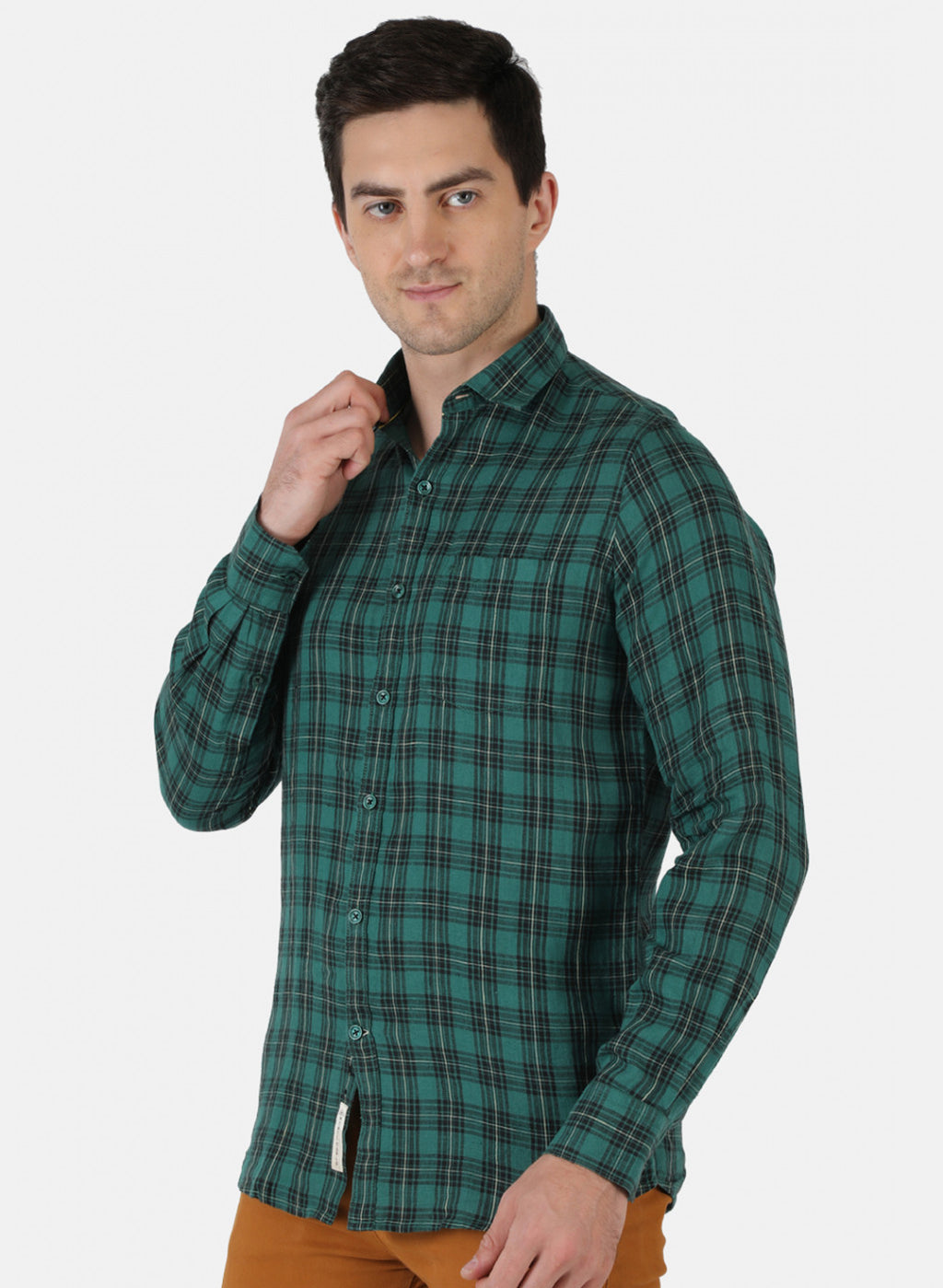 Men Green Check Linen Shirt