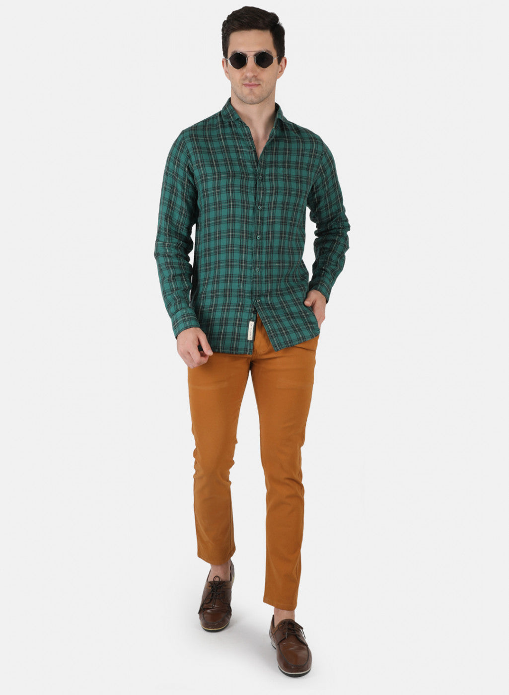 Men Green Check Linen Shirt