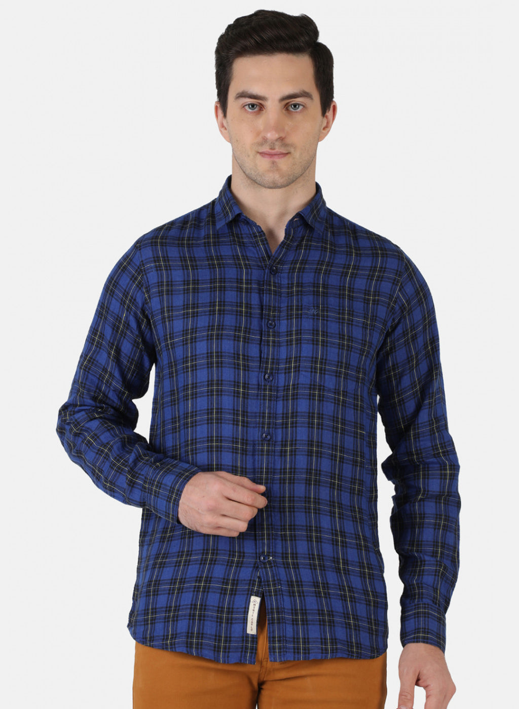 Men Royal Blue Check Linen Shirt
