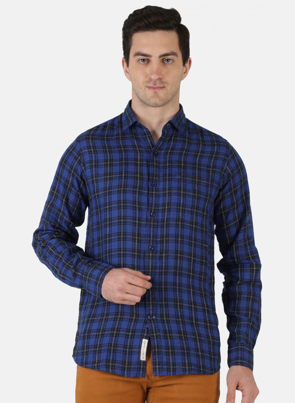 Men Royal Blue Check Linen Shirt
