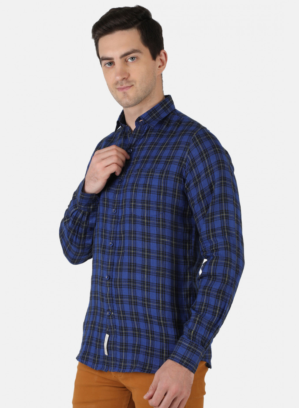 Men Royal Blue Check Linen Shirt