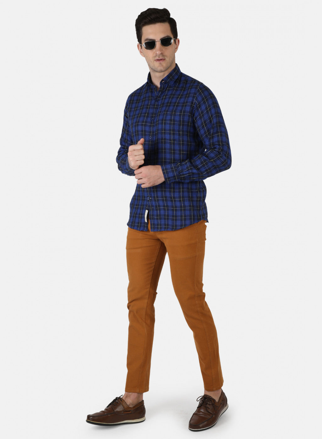Men Royal Blue Check Linen Shirt