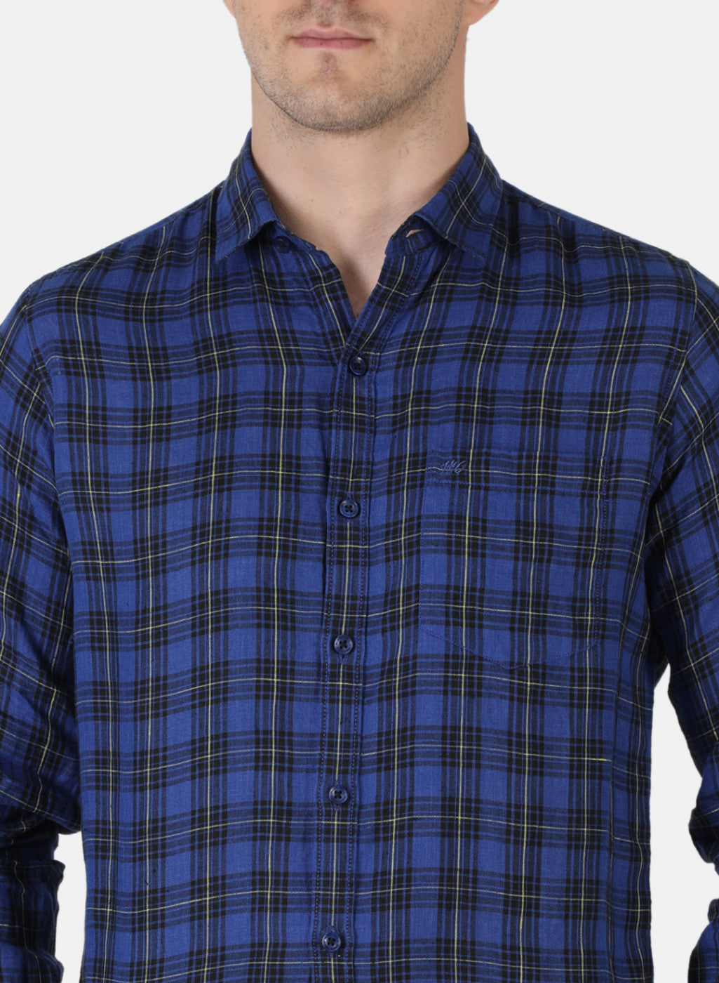 Men Royal Blue Check Linen Shirt