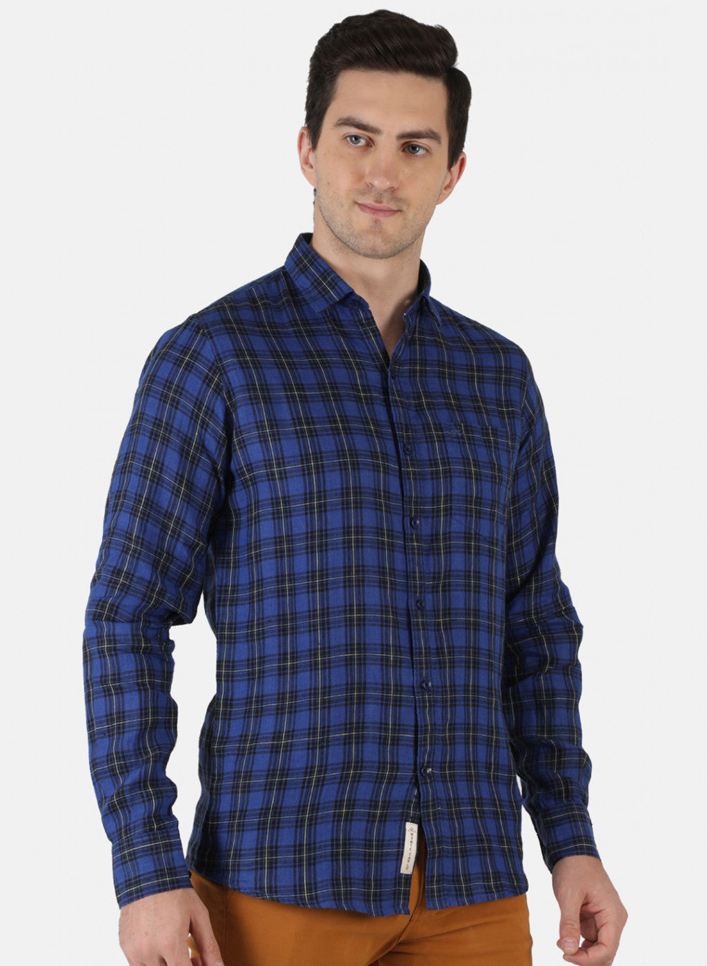 Men Royal Blue Check Linen Shirt